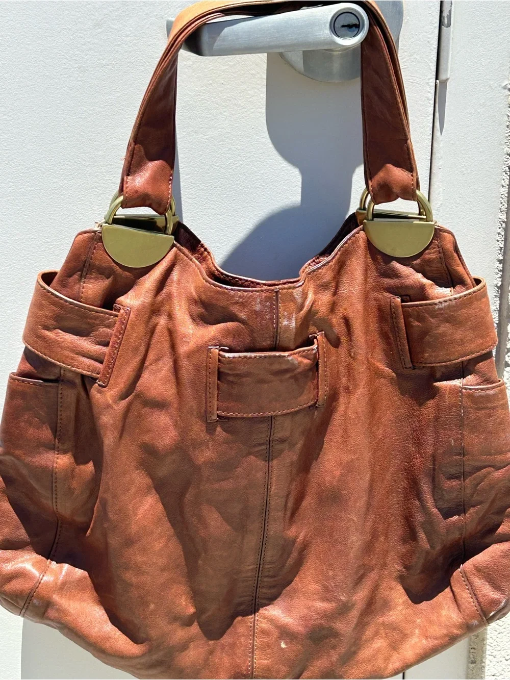 Koba Brown Leather Hobo Shoulder Bag Large Slouchy Tote Purse with Gold Hardware